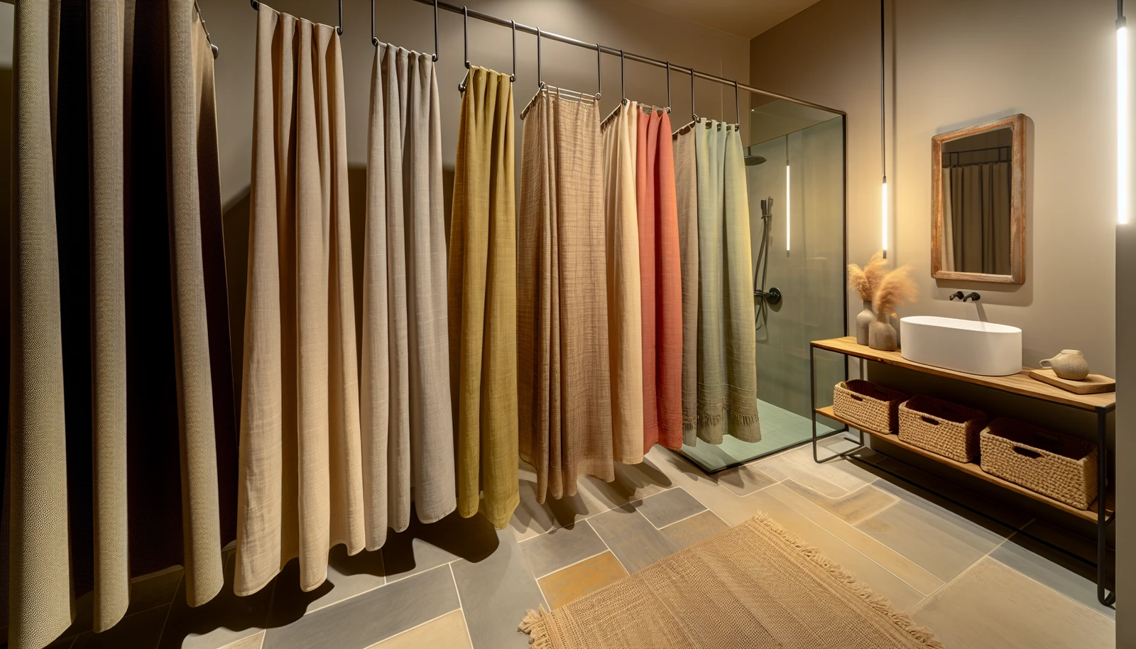 Various hemp shower curtains hanging in a bathroom